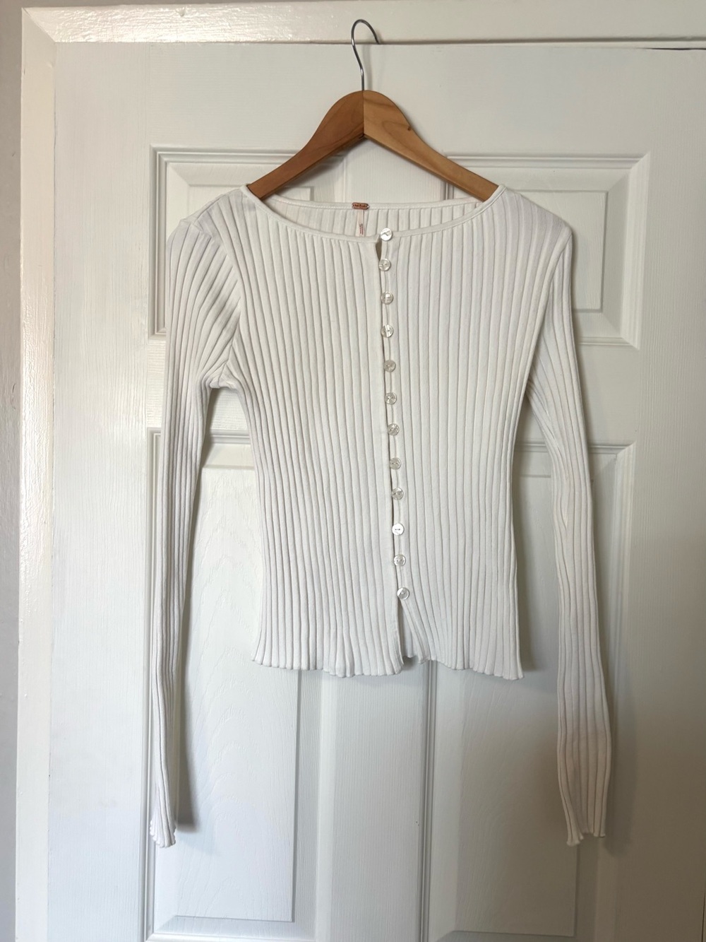 Free People Cream Ribbed Button-Front Long Sleeve Top - Picture 4 of 7